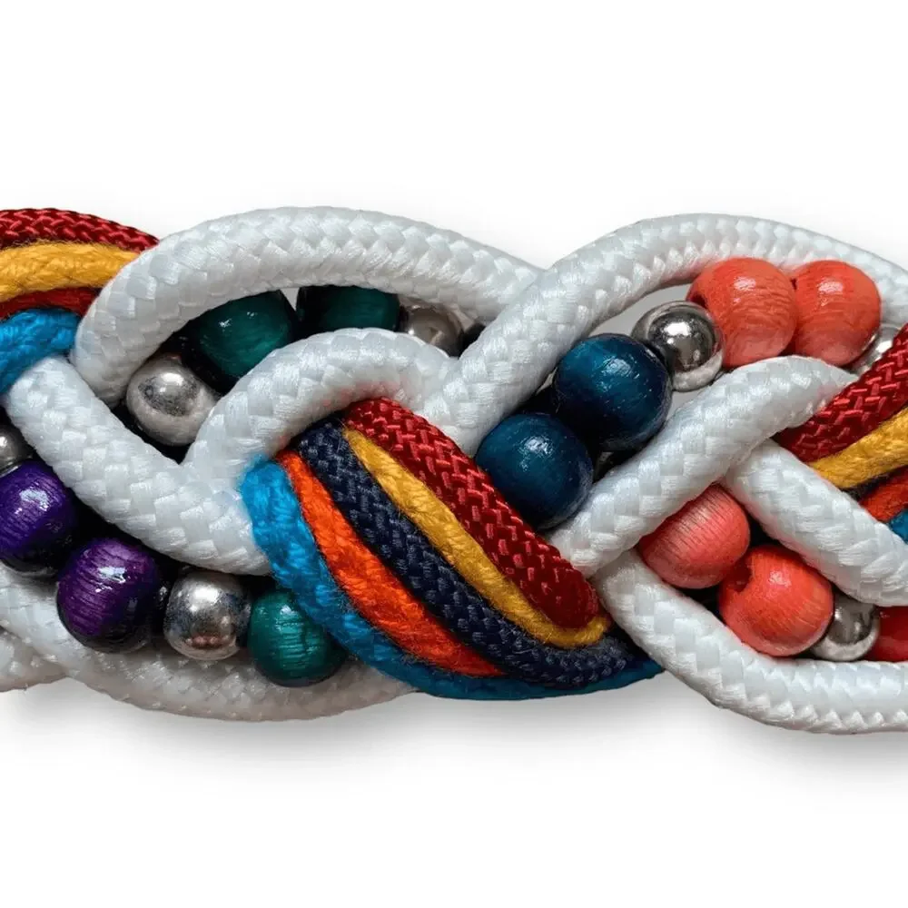 Vintage Bungee Colorful Woven Rope Beaded Belt Hook Closure Boho Statement